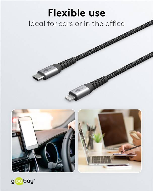 100x Goobay 49271 Lightning USB-C™ Textilkabel mit Metallsteckern, 1 m, 1 m, Schwarz-Grau - elegantes und extrarobustes, MFi-zertifiziertes Lade- un