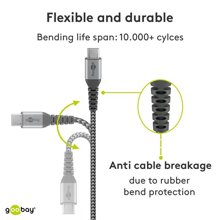 60x Goobay 49303 USB-C™-auf-USB-C™-Textilkabel mit Metallsteckern (spacegrau/silber), 2 m, 2 m, Schwarz-Grau - elegantes und extra-robustes Verbin