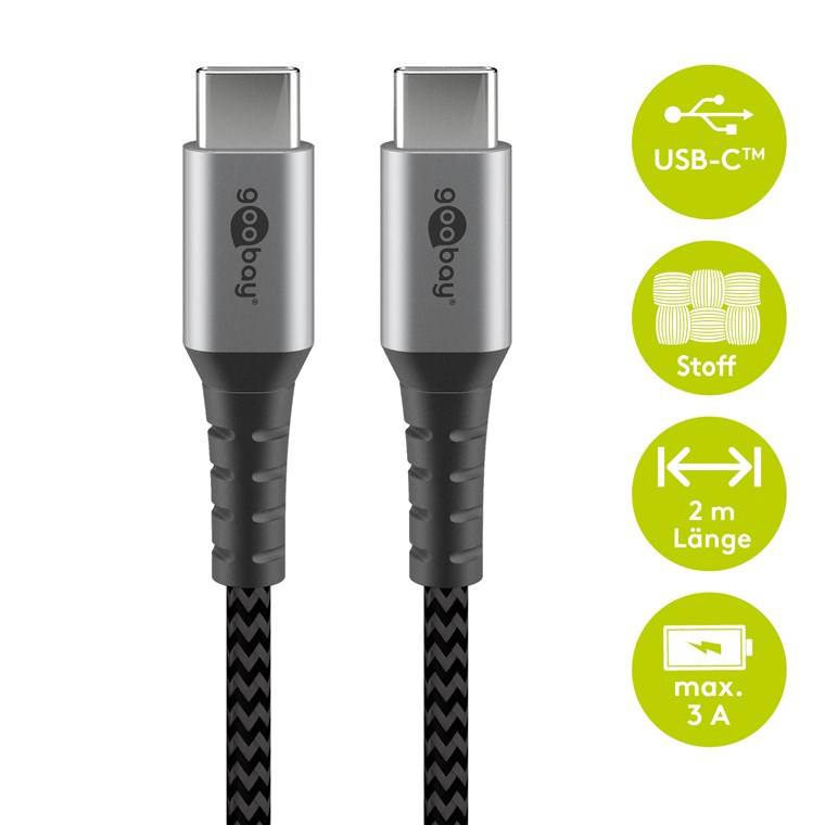 60x Goobay 49303 USB-C™-auf-USB-C™-Textilkabel mit Metallsteckern (spacegrau/silber), 2 m, 2 m, Schwarz-Grau - elegantes und extra-robustes Verbin