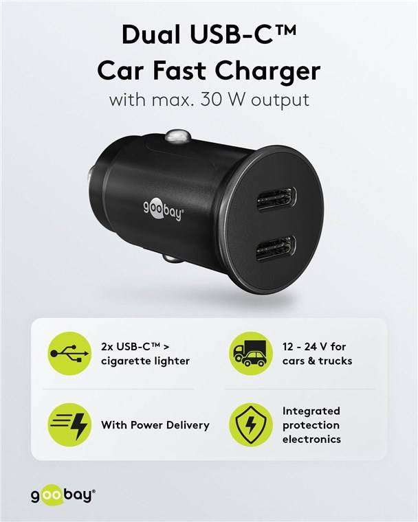 150x Goobay 59705 Dual-USB-C™ PD (Power Delivery) Auto-Schnellladegerät (30 W), Schwarz - 30 W (12/24 V) geeignet für Geräte mit USB-C™ (Power