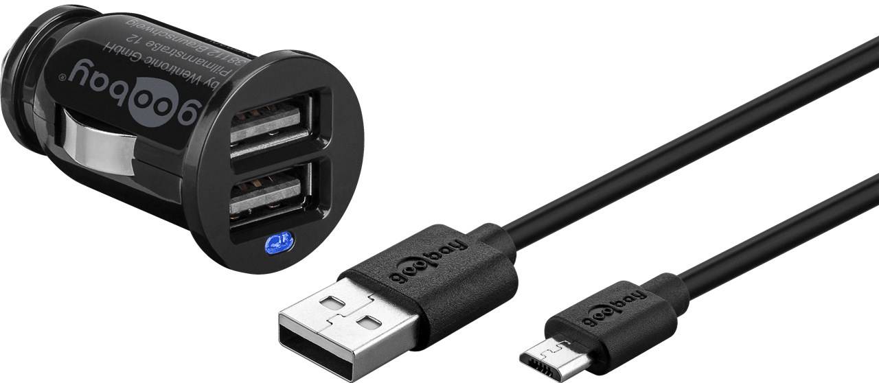 40x Goobay 71692 Micro USB Auto-Ladeset (12 W), Schwarz, 1 m - Kfz-Ladeadapter mit 2x USB-Anschlüssen, Micro-USB-Kabel, 1 m, schwarz