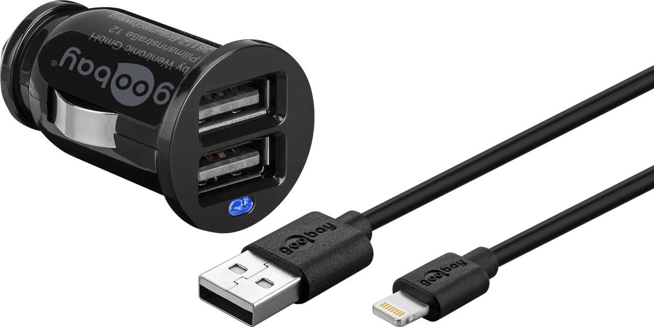 40x Goobay 71691 Apple Lightning Auto-Ladeset (12 W), Schwarz, 1 m - Kfz-Ladeadapter mit 2x USB-Anschlüssen, Apple Lightning-Kabel, 1 m, schwarz