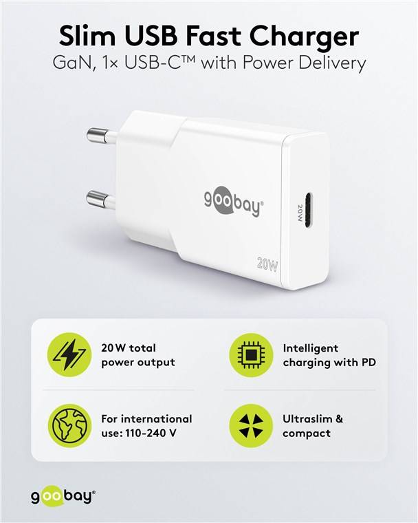 50x Goobay 75728 USB-C™ PD GaN Schnellladegerät Slim (20 W) weiß, weiß - 1x USB-C™-Anschluss (Power Delivery)