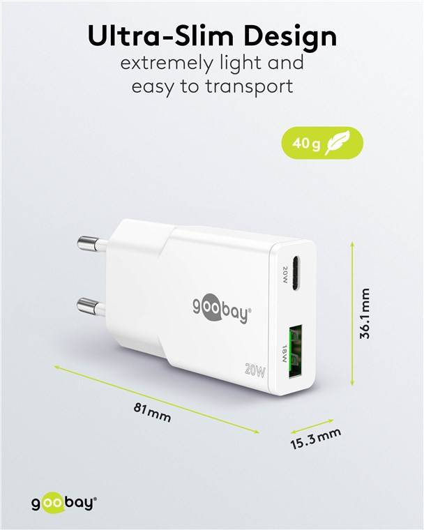 50x Goobay 75730 USB-C™ PD GaN Dual-Schnellladegerät Slim (20 W) weiß, weiß - 1x USB-C™-Anschluss (Power Delivery) und 1x USB-A-Anschluss (Quic