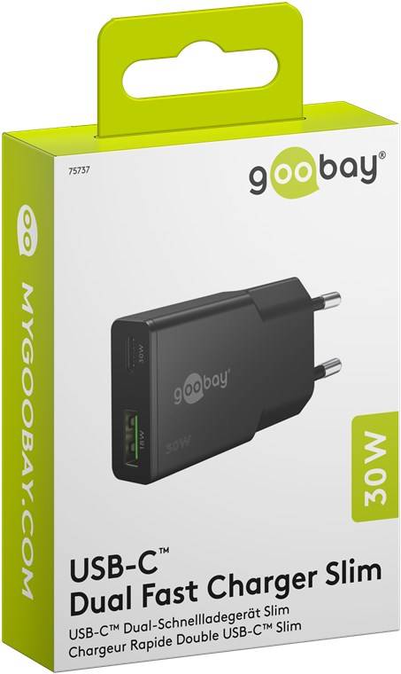 50x Goobay 75737 USB-C™ PD GaN Dual-Schnellladegerät Slim (30 W) schwarz, schwarz - 1x USB-C™-Anschluss (Power Delivery) und 1x USB-A-Anschluss (