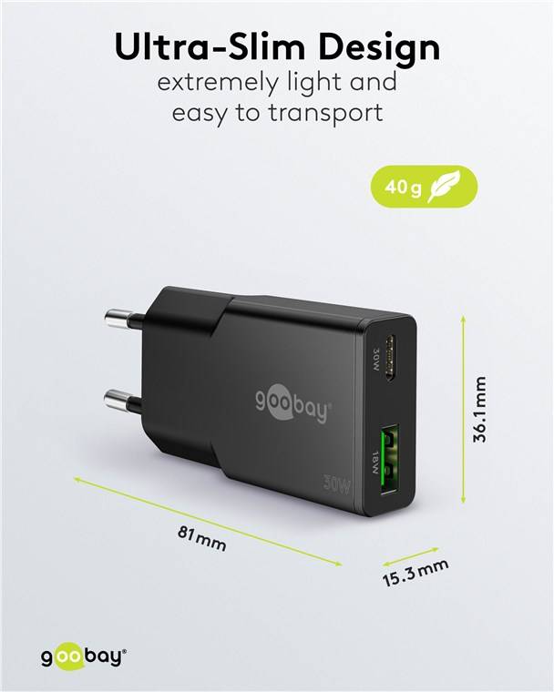 50x Goobay 75737 USB-C™ PD GaN Dual-Schnellladegerät Slim (30 W) schwarz, schwarz - 1x USB-C™-Anschluss (Power Delivery) und 1x USB-A-Anschluss (