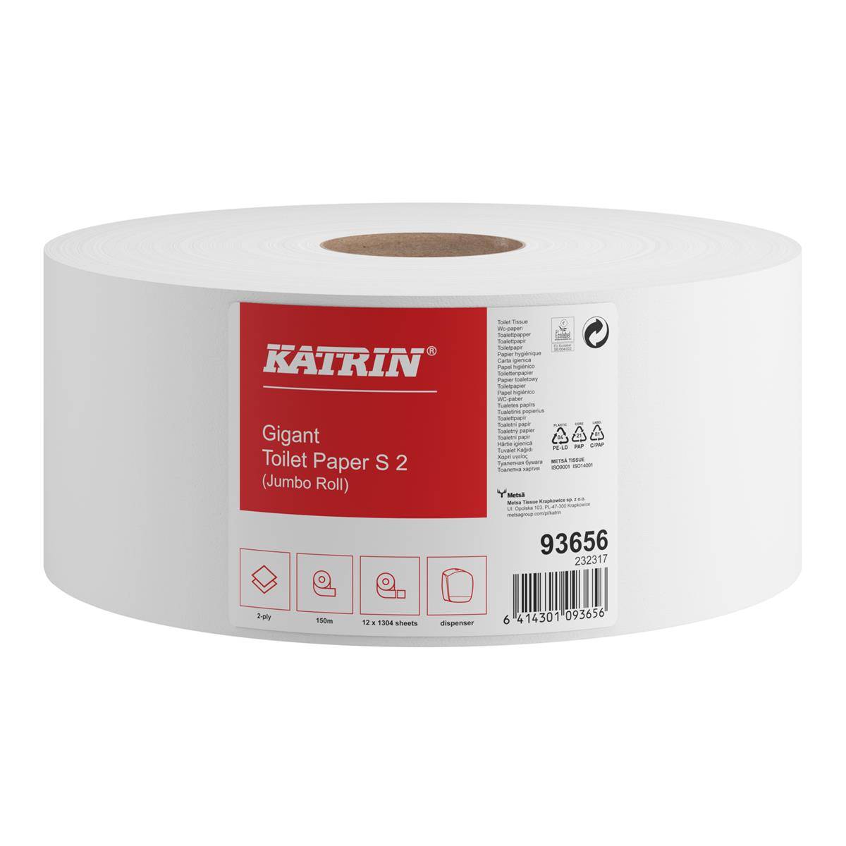 KATRIN 93656 KATRIN Jumbo-Toilettenpapier Gigant S2 2-lagig, 12 Rollen