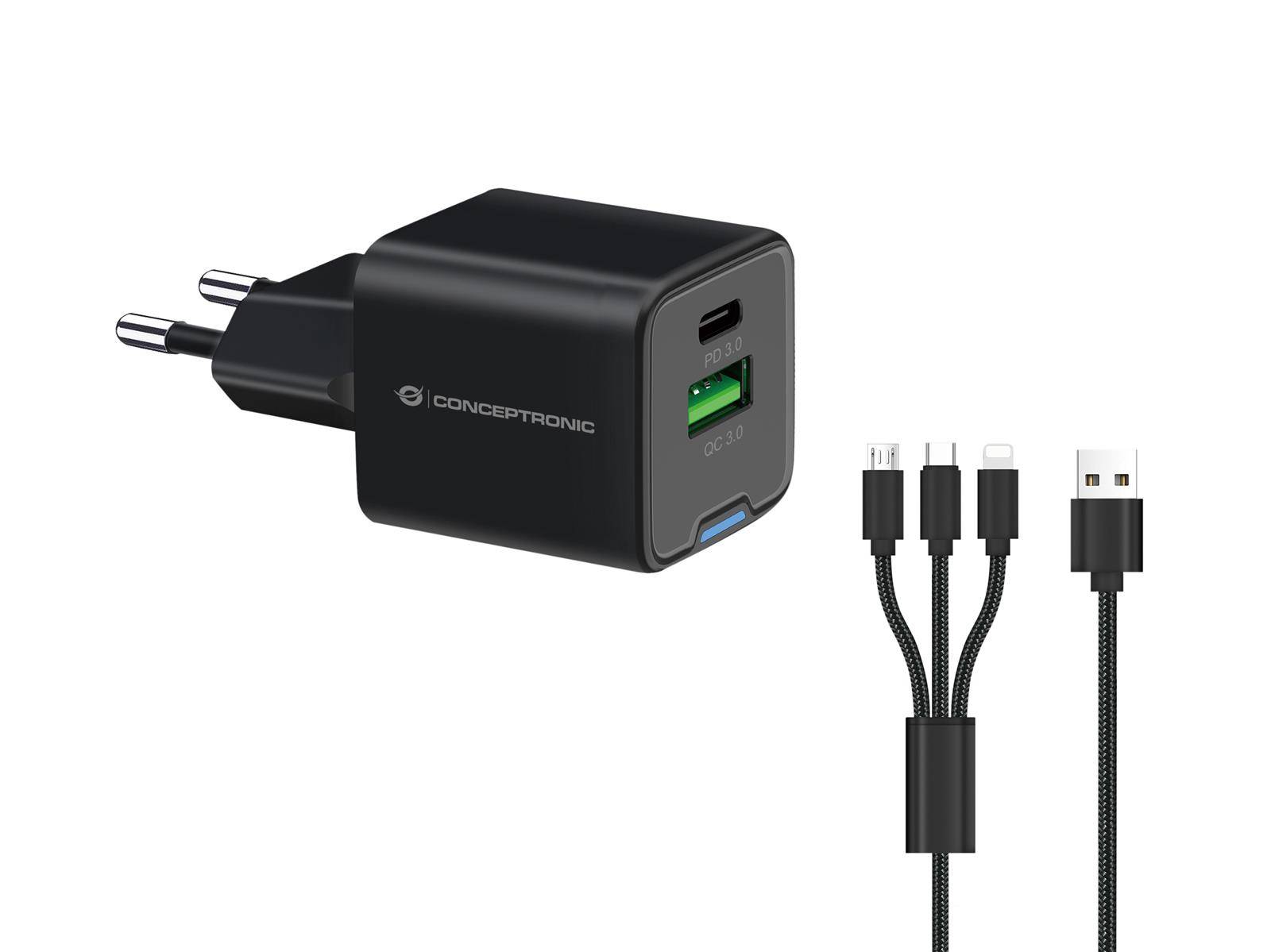 Conceptronic ALTHEA16B CONCEPTRONIC Ladegerät 2Port 33W,1xUSB-C,1xUSB-A +3-in-1 sw