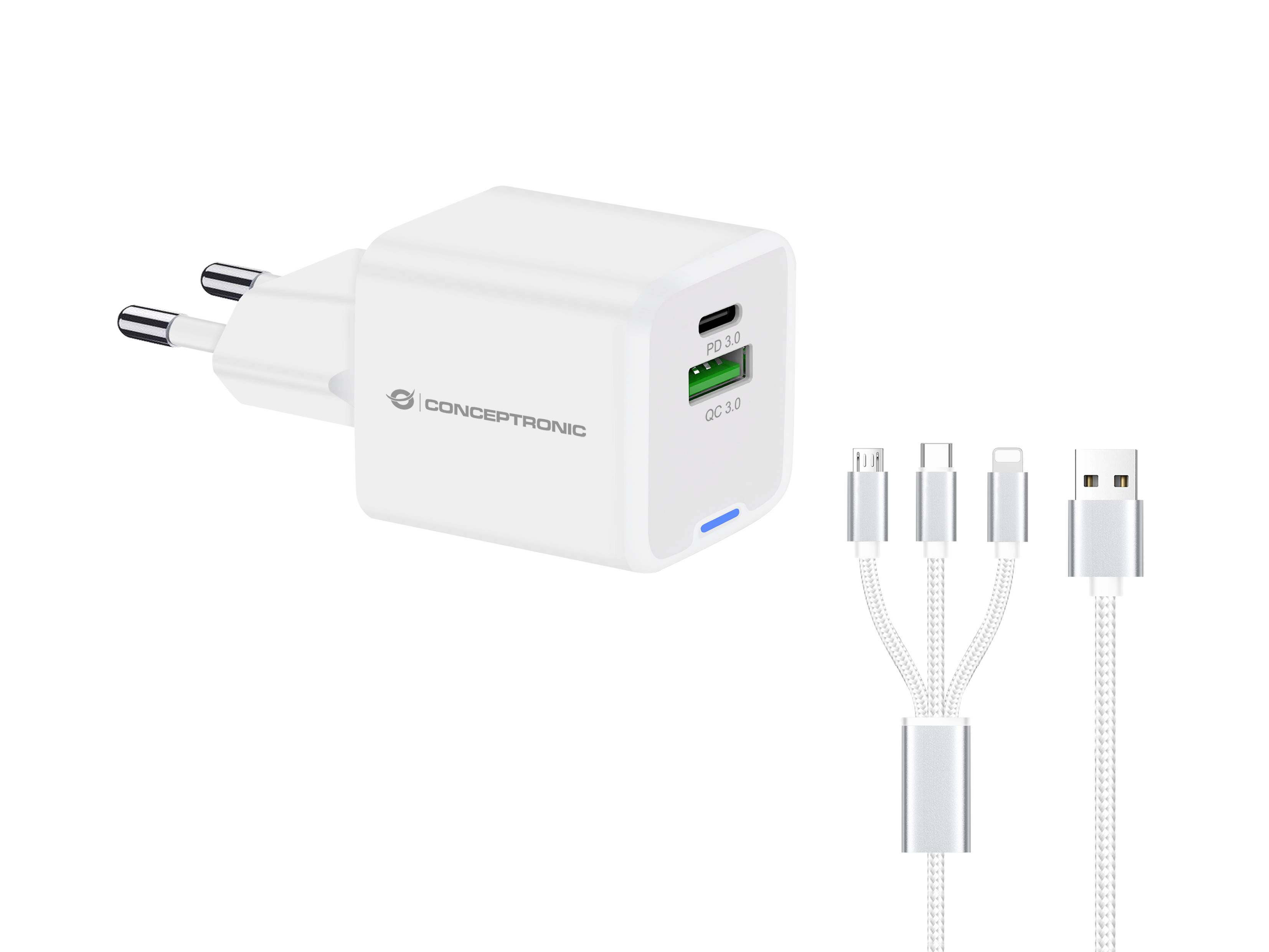 Conceptronic ALTHEA16W CONCEPTRONIC Ladegerät 2Port 33W,1xUSB-C,1xUSB-A +3-in-1 sw