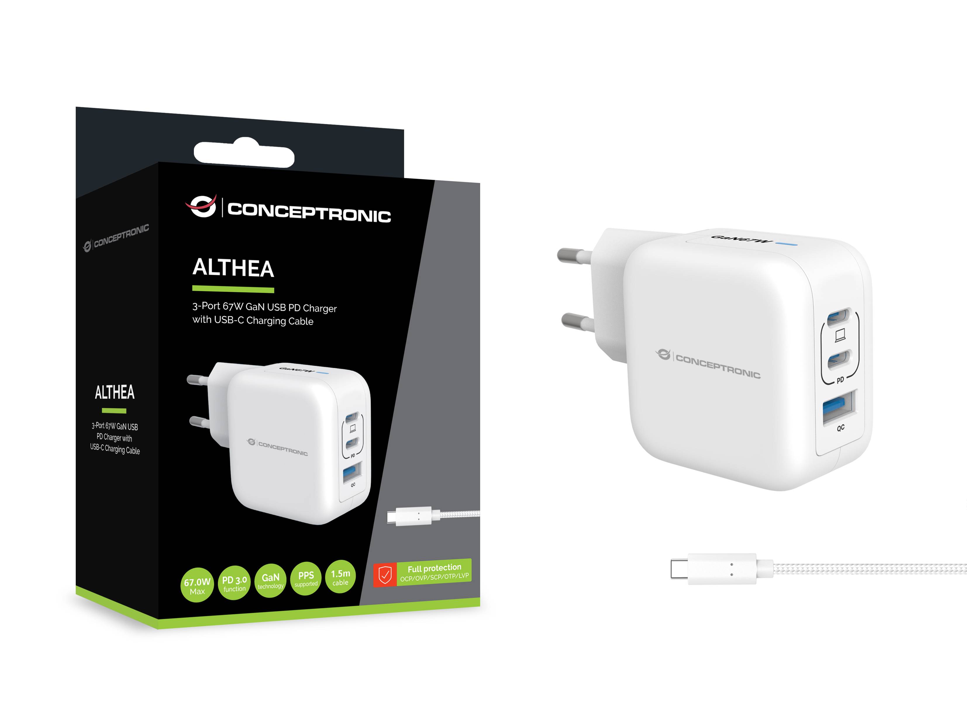 Conceptronic ALTHEA17W CONCEPTRONIC Ladegerät 3Port 67W,2xUSB-C,1xUSB-A 1.5m ws