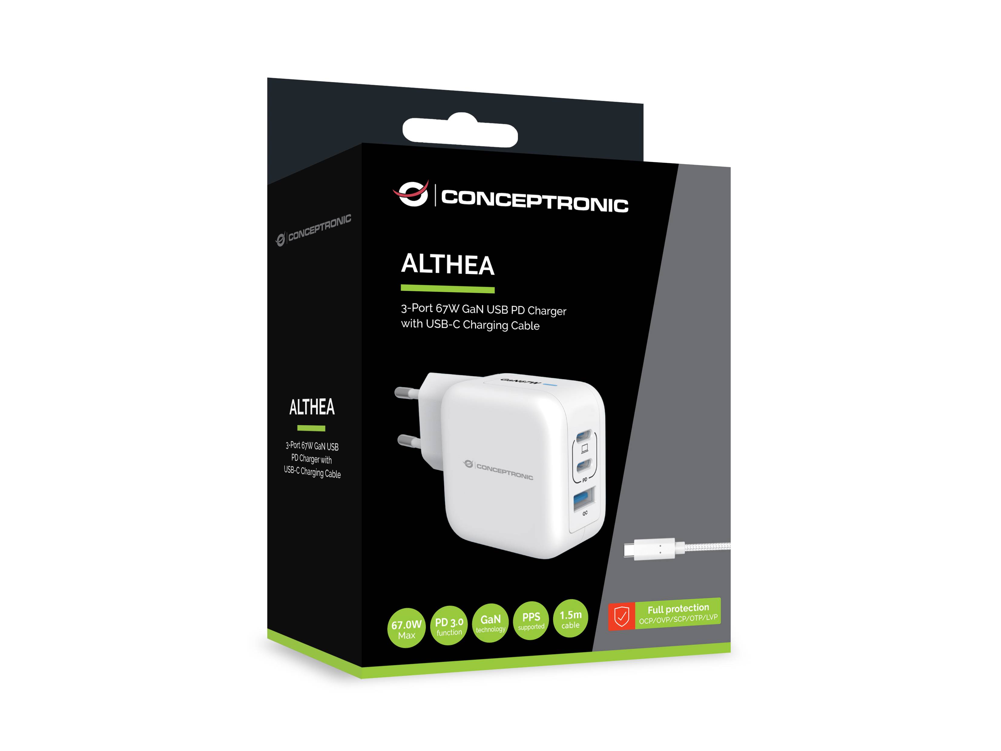 Conceptronic ALTHEA17W CONCEPTRONIC Ladegerät 3Port 67W,2xUSB-C,1xUSB-A 1.5m ws
