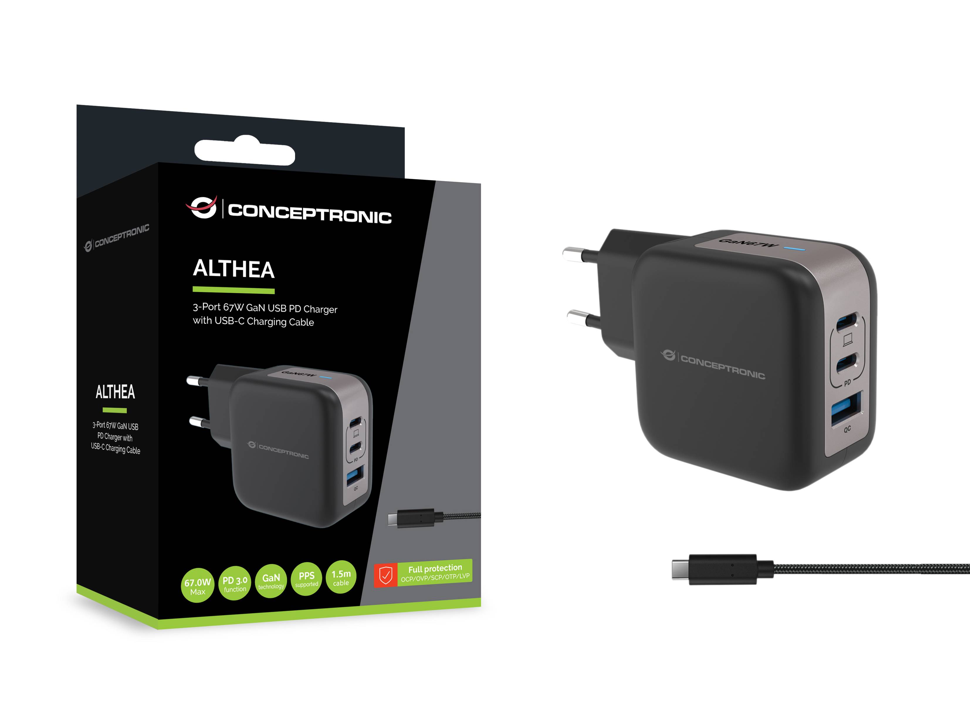 Conceptronic ALTHEA17B CONCEPTRONIC Ladegerät 3Port 67W,2xUSB-C,1xUSB-A 1.5m sw