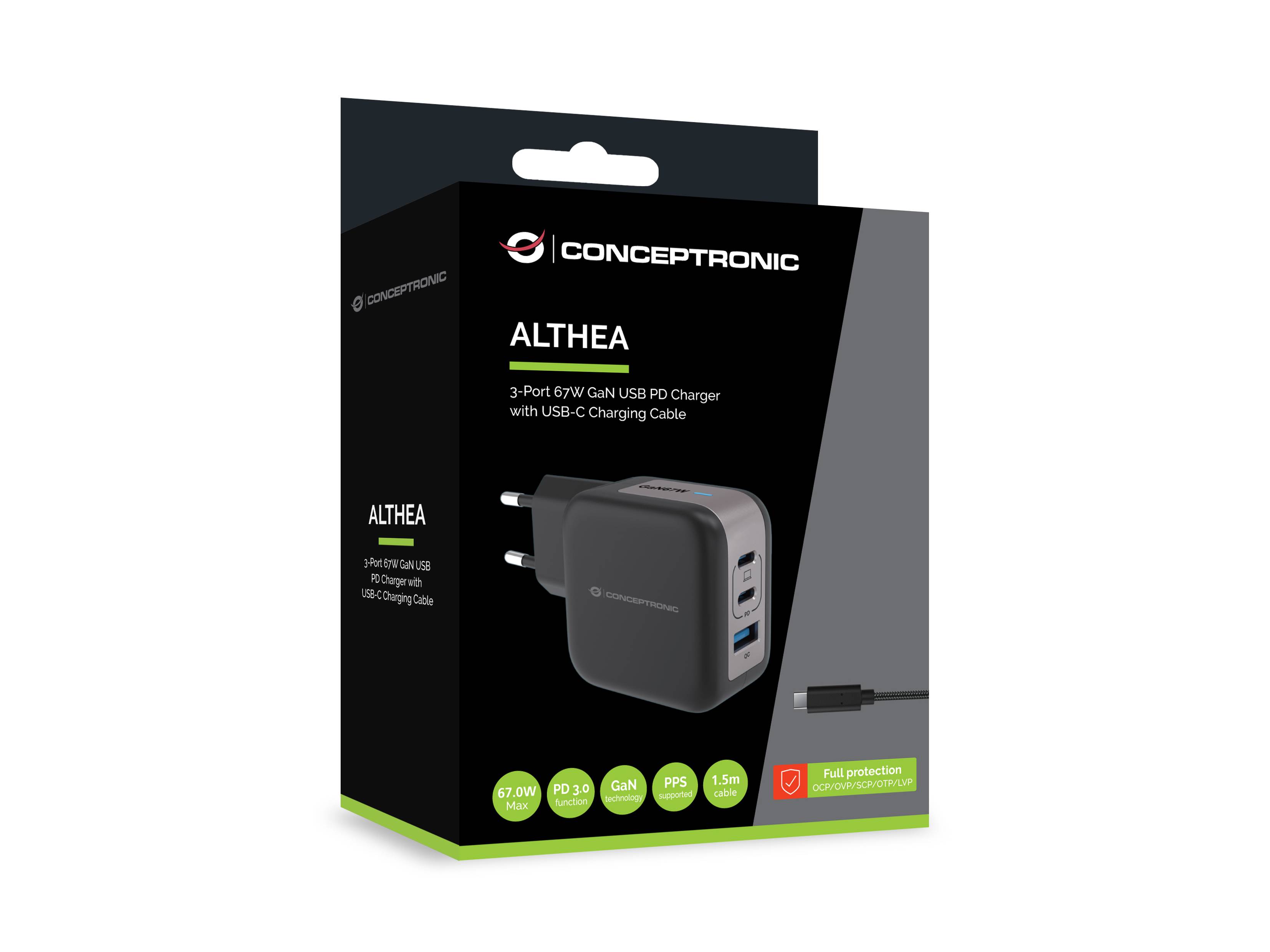 Conceptronic ALTHEA17B CONCEPTRONIC Ladegerät 3Port 67W,2xUSB-C,1xUSB-A 1.5m sw