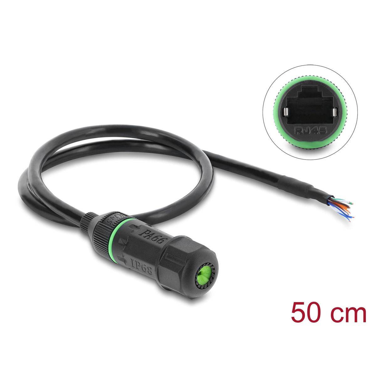 87181 - Delock Kabel RJ45 Buchse zu offene Kabelenden zum Einbau Cat.6 mit M16,8 x 1,5 mm Gewinde und Gehäuse 50 cm schwarz