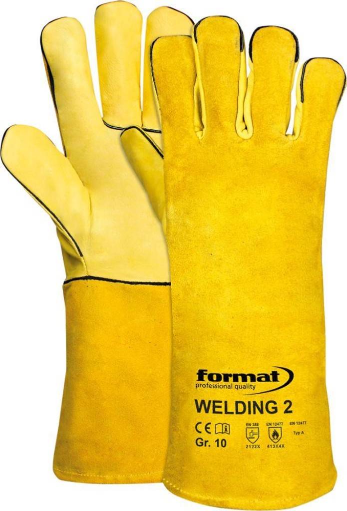 FORMAT Schweißerhandschuh Welding 2Zulassung/Norm EN 3882016, EN 407, EN 420, EN 12477-AAusführung VollhandfutterTräger Material Rindspaltleder mit
