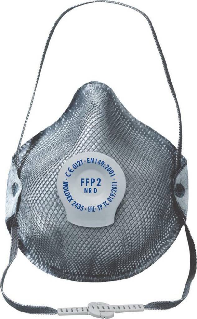 Graue FFP2 NRD Atemschutzmaske mit Kopfbändern und verstellbarem Nasenbügel, shown front view.