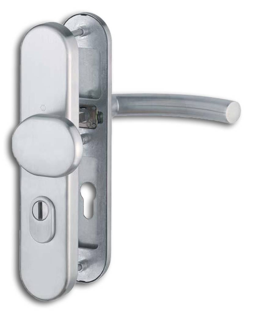 Schutzbeschlag Trondheim�HOPPE-Edelstahl-Schutz-Langschild-Türgriff-Garnitur mit Zylinder-Abdeckung für Außen-/Wohnungsabschluss-TürenProduktdet