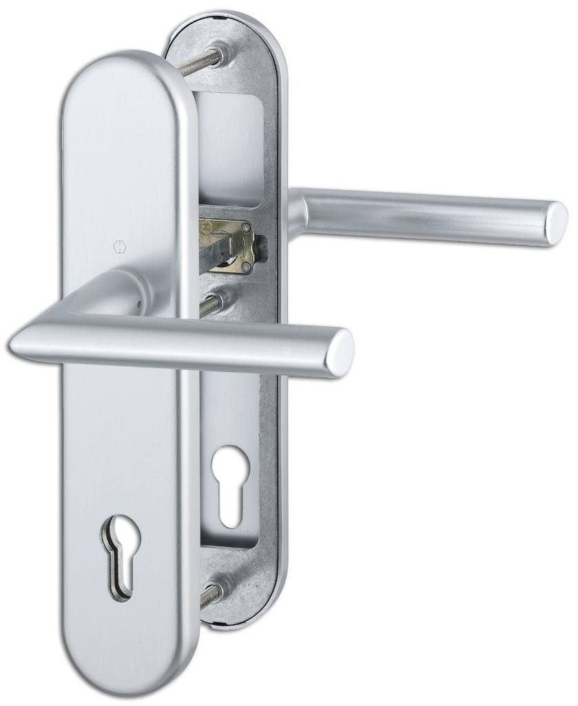 HOPPE-Aluminium-Schutz-Langschild-Türgriff-Garnitur für Außen-/Wohnungsabschluss-Türen geprüft nach DIN EN 1906 37-0142A SK2, zertifiziert nac