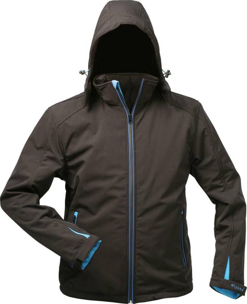 Softshell-Jacke mit KapuzeEigenschaften Wasserdicht bis 8000 mm Wassersäule Winddicht Atmungsaktiv 800 g/m/24 h durch 3-Lagen-Laminat Sof
