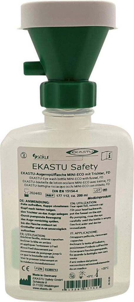 Augenspülflasche MINI-ECO, mit Trichter, FDEigenschaften Gefüllt mit qualitativ hochwertigem Wasser, das in der Keimvermehrung verhindert wurde