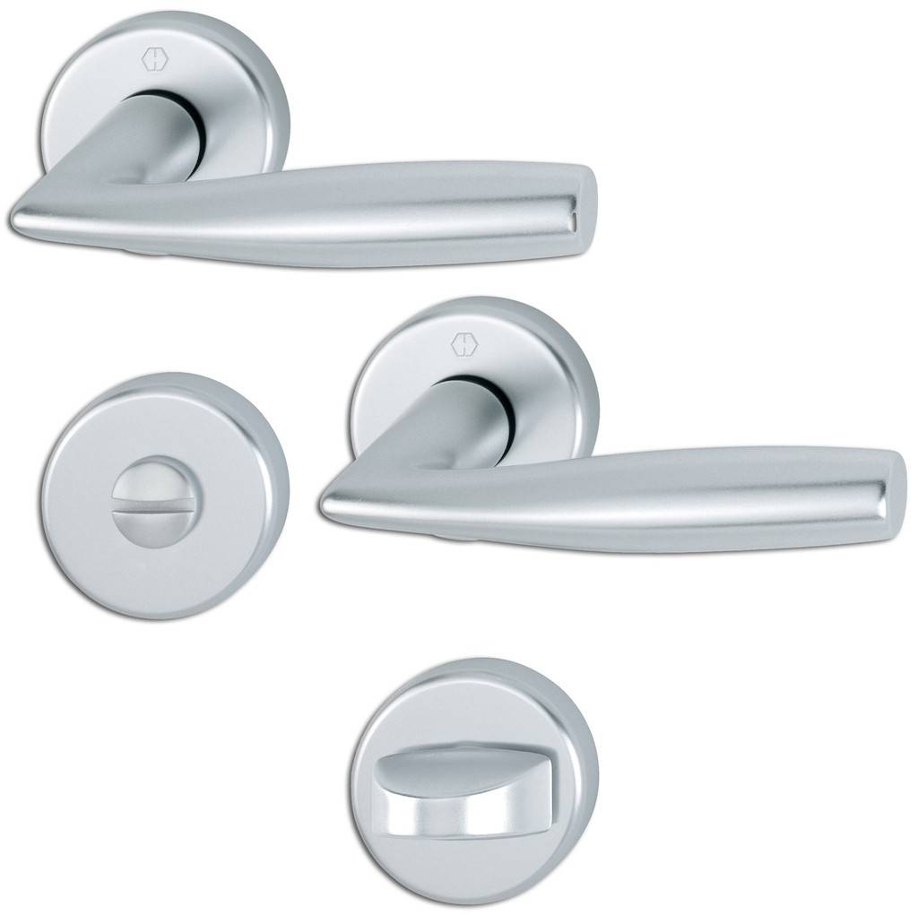 HOPPE-Aluminium-Rosetten-Türgriff-Garnitur mit Schlitzkopf/Olive für Bad/WC-Türen geprüft nach DIN EN 1906 37-0140A, Objekt-Garnitur Lagerun