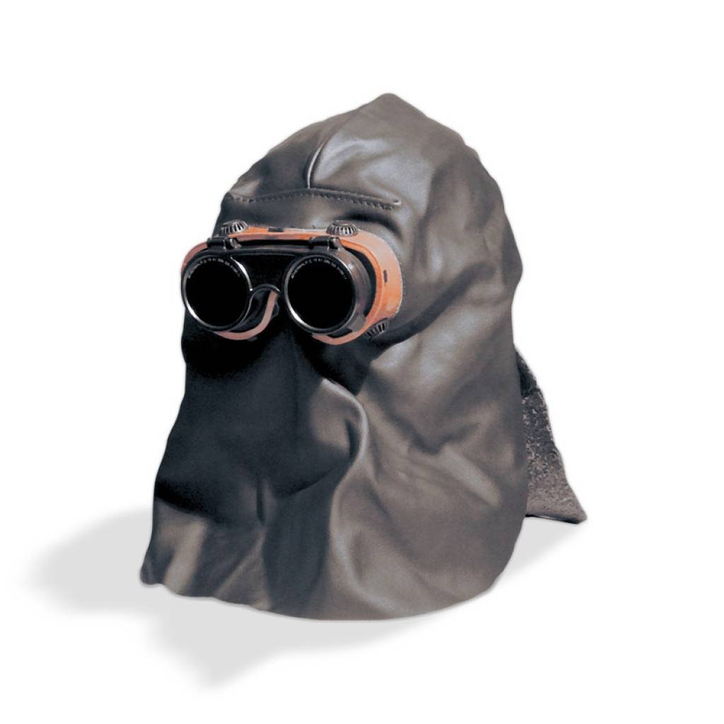 Lederhaube mit SchutzbrilleLederhaube aus Leder, mit Schutzbrille, aufklappbarer Glashalterung.Eigenschaften Geschlossener Kopfschutz zum Überkopf