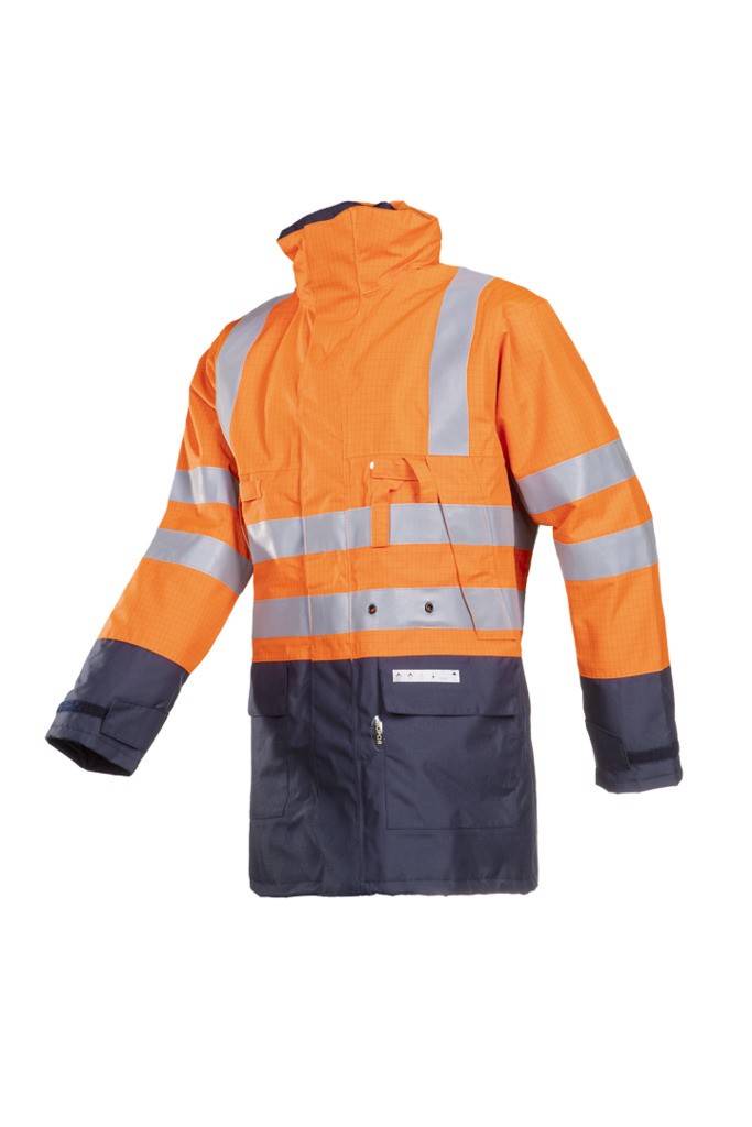 Orange und dunkelblaue Warnschutzjacke mit reflektierenden Streifen, Vorderansicht auf weißem Hintergrund dargestellt.