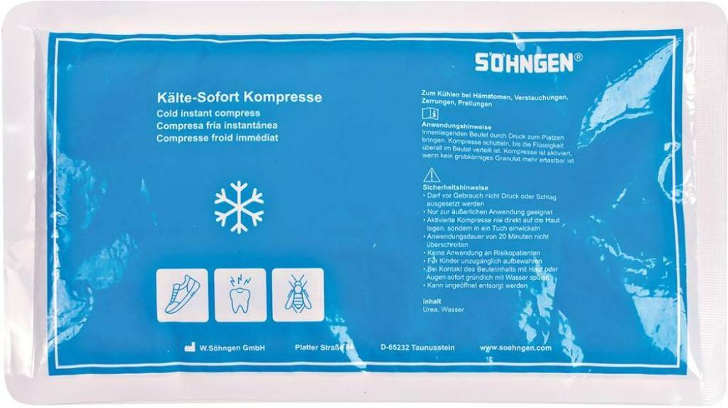 Kälte-SofortkompressenEigenschaften Ohne Vorkühlung Unabhängig von Fremdenergie Wird durch Zusammendrücken aktiviert Entwickelt schnel