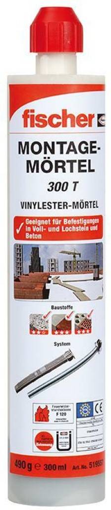 Der fischer Montagemörtel 300 T ist ein 2K-Injektionssystem auf Vinylesterbasis. Harz und Härter werden erst beim Auspressen aus dem Statikmischer