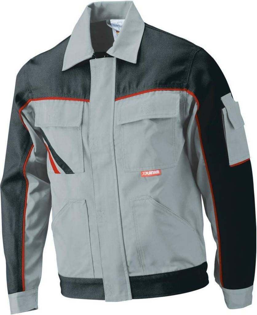 Grau-schwarze Arbeitsjacke mit rotem Besatz, Vordertaschen, langen Ärmeln und spitzem Kragen, auf neutralem Hintergrund gezeigt.
