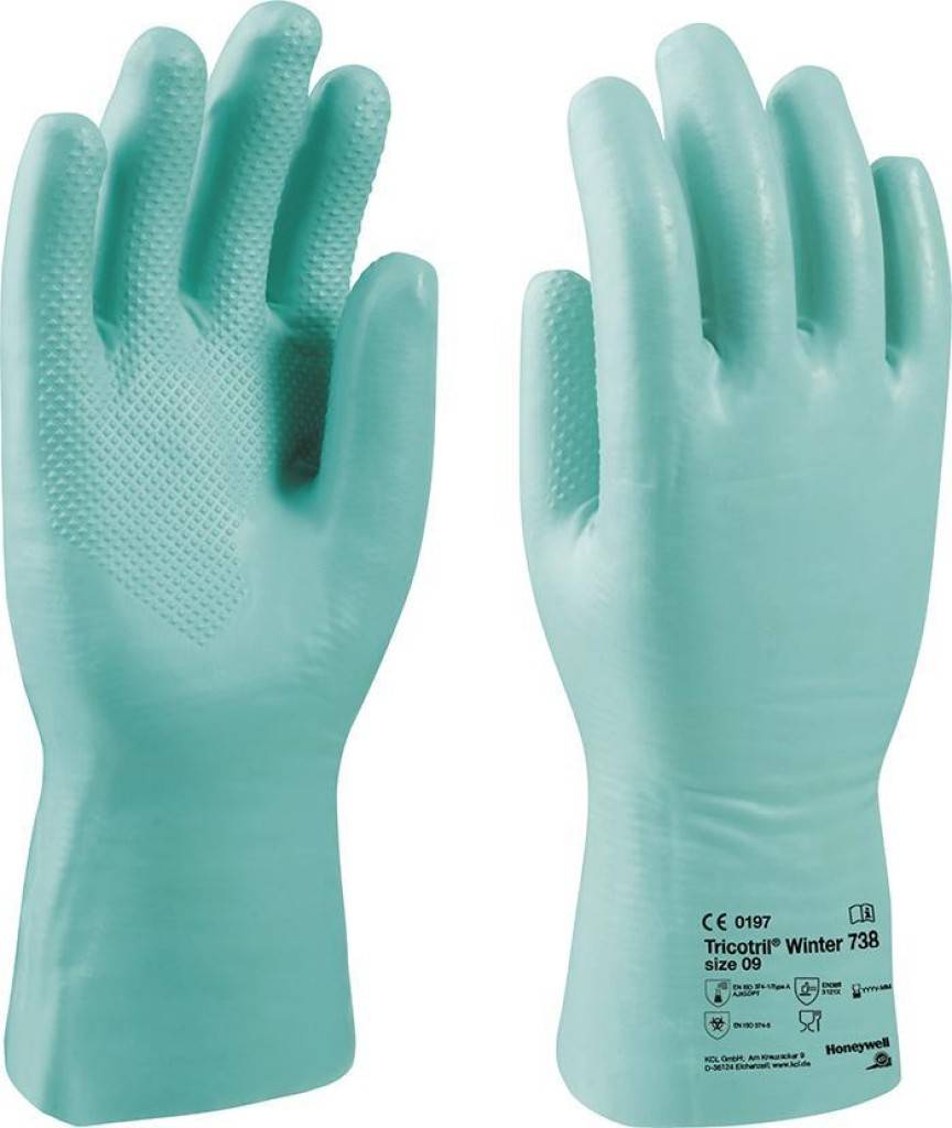 Chemikalienschutzhandschuh Tricotril Winter 738Zulassung/Norm EN 3882003, EN 374-52016 mit Virus, EN 407, Lebensmittelunbedenklichkeit gemäß EU 1935
