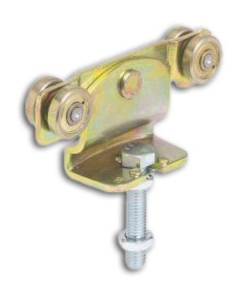 Metallschiebetürroller-Baugruppe mit zwei Kugellagerrädern und einer Gewindeverstellschraube.
