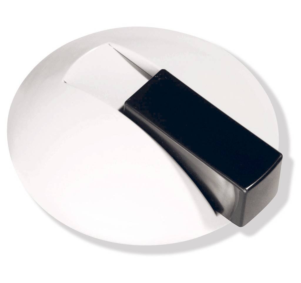 Bodentürpufferaus Polyamid, Durchmesser 85 mm, 23 mm hoch, mit Verdrehsicherung und gefedertem, schwarzem elastischen Puffer. Diebstahlgeschützt dur