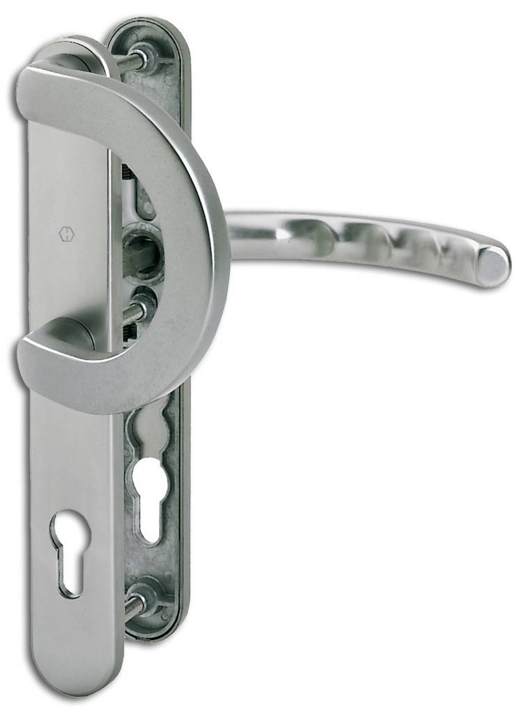 HOPPE-Aluminium-Schmalschild-Wechsel-Garnitur für Profiltüren Lagerung außen Stoßgriff fest, ummontierbar innen Türgriff fest/drehbar, Rückho