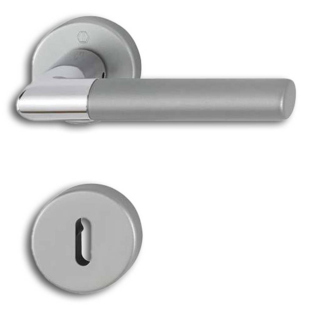 HOPPE-Aluminium-Rosetten-Türgriff-Garnitur mit Schlitzkopf/Olive für Bad/WC-Türen geprüft nach DIN EN 1906 37-0140A, Objekt-Garnitur Lagerun