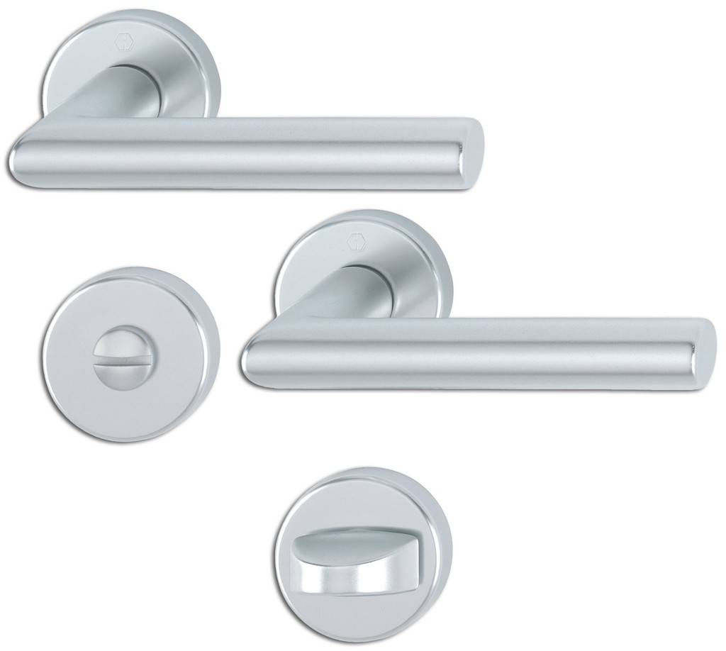 HOPPE-Aluminium-Rosetten-Türgriff-Garnitur mit Schlitzkopf/Olive für Bad/WC-Türen geprüft nach DIN EN 1906 37-0140A, Objekt-Garnitur Lagerun