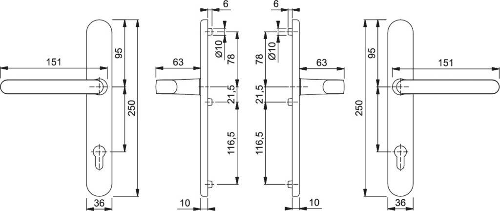 Schutz-Schmalschild-Garnitur- Ausführung SKG- Oberfläche F9001 cremeweiß- 8 mm Vierkant- Entfernung 92mmPZ-gelocht - Türstärke 72-77 mm