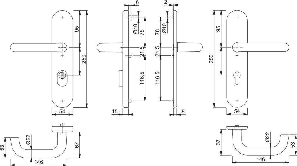 Schutz-Langschild-Garnitur mit Ziehschutz Geprüft nach DIN 18257 ES1 SK2 Oberfläche F9016 Weiß 10mm Vierkant Entfernung 92mm PZ-gelocht