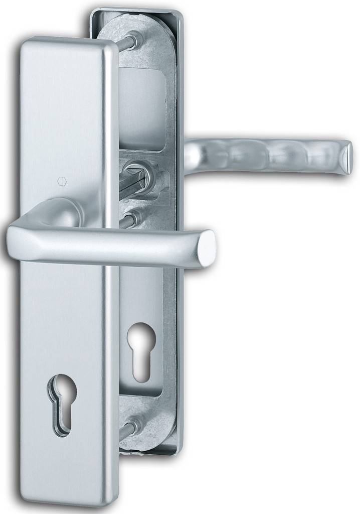 HOPPE-Aluminium-Schutz-Langschild-Türgriff-Garnitur für Außen-/Wohnungsabschluss-Türen geprüft nach DIN 18257 ES1 SK2 Lagerung Türgriffe l