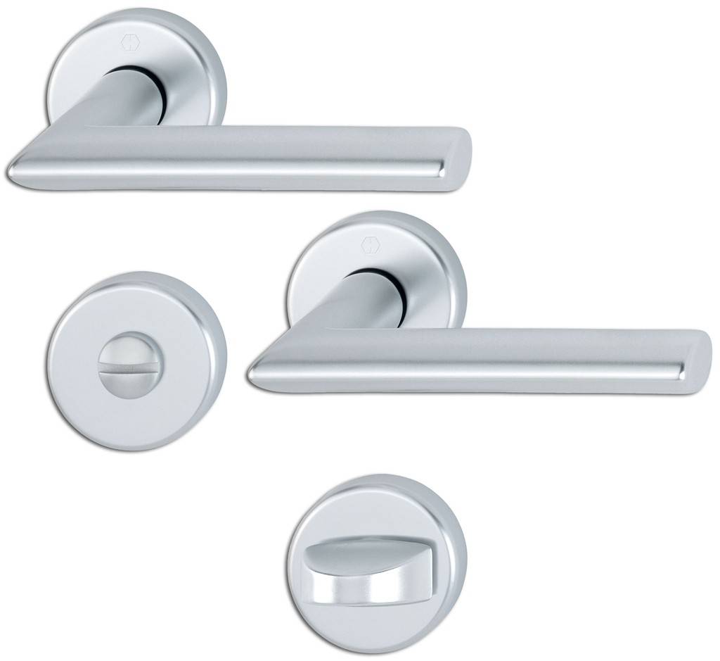 HOPPE-Aluminium-Rosetten-Türgriff-Garnitur mit Schlitzkopf/Olive für Bad/WC-Türen geprüft nach DIN EN 1906 37-0140A, Objekt-Garnitur Lagerun