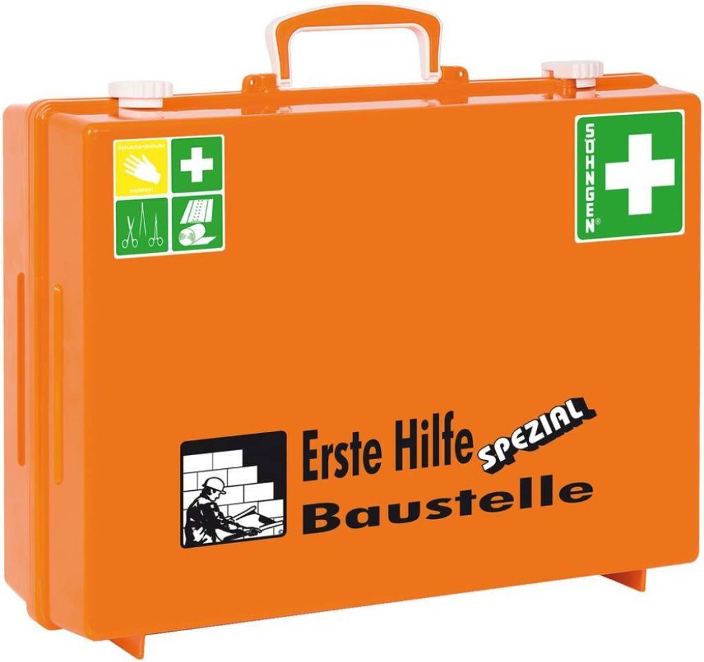 Erste-Hilfe-Koffer SPEZIALEigenschaften Branchenkoffer Beinhaltet viele weitere Erste-Hilfe-Produkte, die auf die Unfallgefahren der jeweiligen