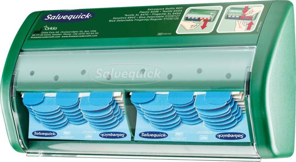Pflasterspender Salvequick Blue DetectableEigenschaften Pflaster werden nach unten herausgezogen, dadurch vermeidet man Verunreinigung der restlich