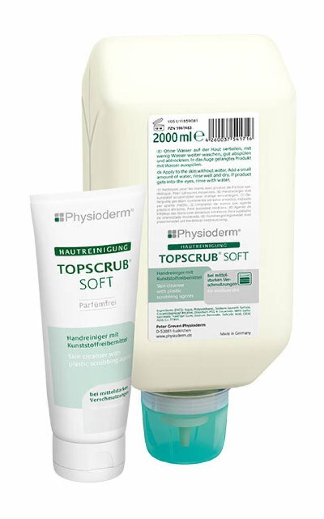 Physioderm Topscrub Soft Handreiniger in einer Tube und großer Nachfüllflasche mit blaugrünem Deckel auf weißem Hintergrund.