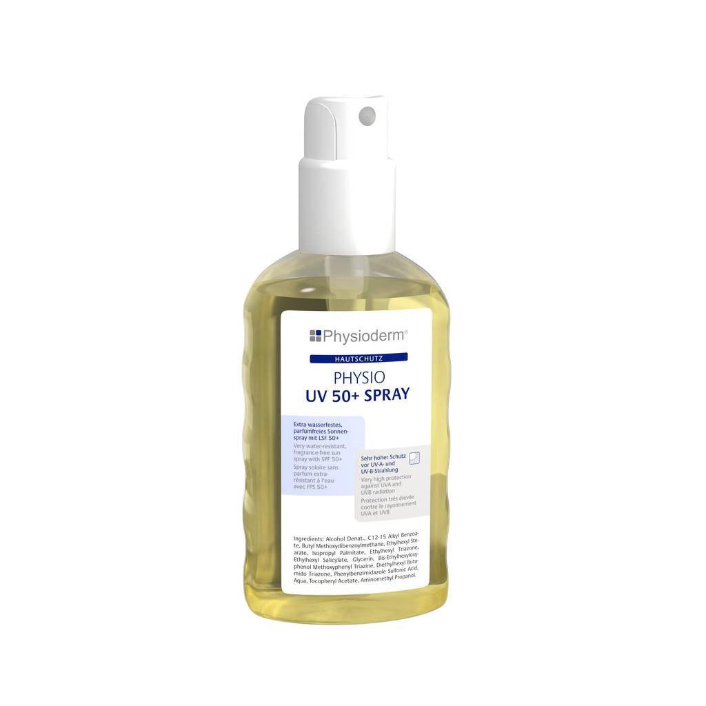 PHYSIO UV 50 SPRAYHautschutz Sonnenspray gegen natürliche UV-StrahlenExtra wasserfestes, parfümfreies Sonnenspray zum sofortigen Schutz vor hoher na