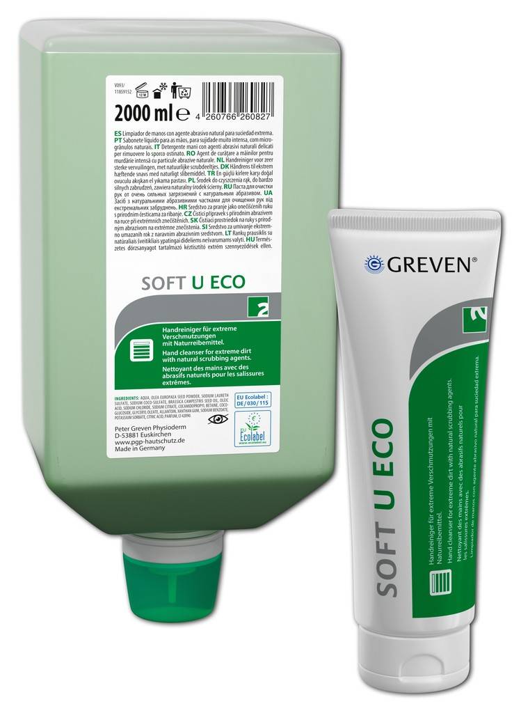 GREVEN SOFT U ECOHautreinigung Pastöser Handreiniger mit Bioreibekörpern aus OlivenkernenPastöser Handreiniger mit Reibekörpern aus Olivenkernmehl