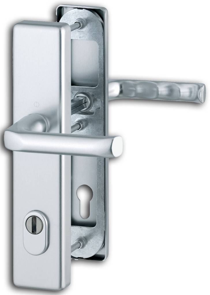 HOPPE-Aluminium-Schutz-Langschild-Türgriff-Garnitur mit Zylinder-Abdeckung für Außen-/Wohnungsabschluss-Türen geprüft nach DIN 18257 ES1 SK2