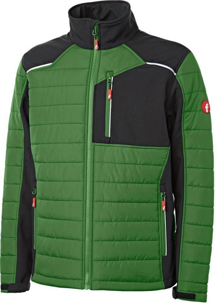 Grüne und schwarze Steppjacke mit Reißverschluss, hohem Kragen und mehreren Reißverschlusstaschen.