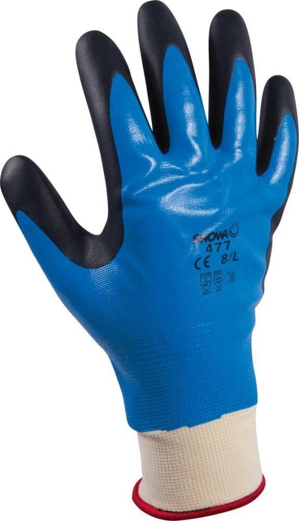 Blauer und schwarzer Schutzarbeitshandschuh mit weißem Bündchen, dargestellt vor einem einfachen Hintergrund.