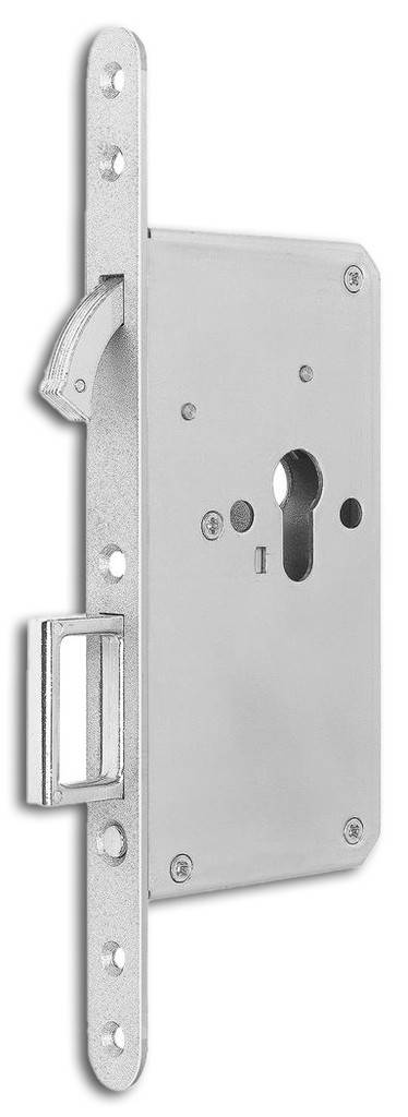 Schiebetürschloss, mit Zirkelriegel, 0353 Mit verchromtem Zirkelriegel und Springgriff Dornmaß 55 mm Stulp 20 x 260 mm, nickelsilber PZ-