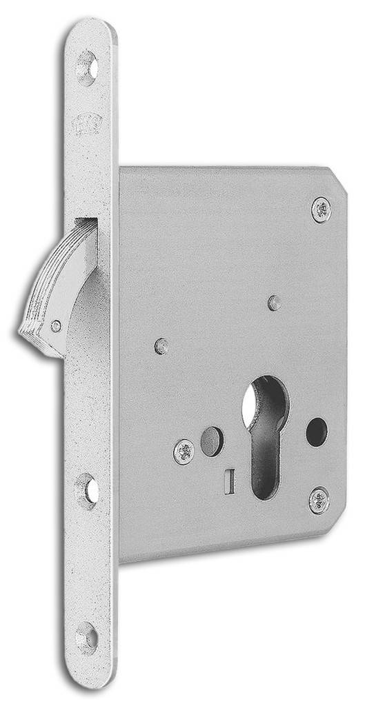 Schiebetürschloss, mit Zirkelriegel Edelstahlstulp Mit verchromtem Zirkelriegel Dornmaß 55 mm Stulp 20 x 172 mm, Edelstahl matt PZ vorge